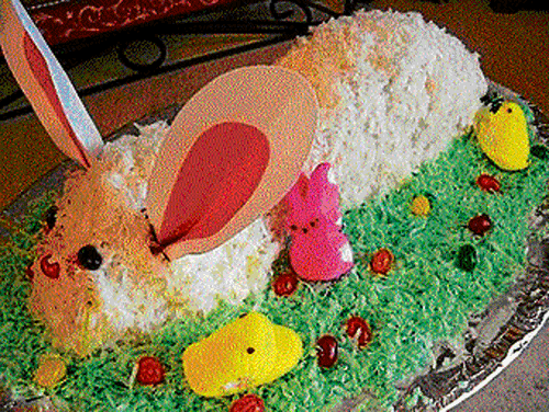 An Easter cake in the shape of a bunny.  DH photo