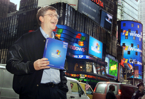 Microsoft chairman Bill Gates stands in New York's Times Square to promote the new Windows XP operating system.  AP file photo