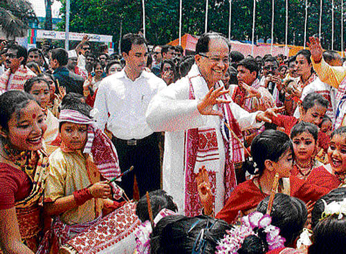 Assam Chief Minister Tarun Gogoi during Rongali Bihu at Latasil Bihutali, Uzanbazar, Guwahati on Monday. DIPR Assam