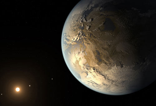 This artist's rendering provided by NASA on Thursday, April 17, 2014 shows an Earth-sized planet dubbed Kepler-186f orbiting a star 500 light-years from Earth. Astronomers say the planet may hold water on its surface and is the best candidate yet of a habitable planet in the ongoing search for an Earth twin. AP