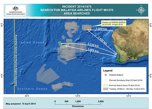 In this map provided on Tuesday, April 15, 2014, by the Joint Agency Coordination Centre details are presented in the search for the missing Malaysia Airlines Flight 370 in the southern Indian Ocean. The search area for the missing Malaysian jet has proved too deep for a robotic submarine which was hauled back to the surface of the Indian Ocean less than half way through its first seabed hunt for wreckage and the all-important black boxes, authorities said.