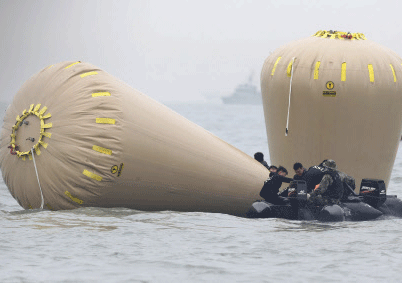 Rescue workers install floats where the capsized passenger ship 'Sewol' sank in the sea off Jindo, April 18, 2014. A junior officer was at the helm of the South Korean ferry when it capsized and the captain may have been away from the bridge, investigators said on Friday as the search of the stricken vessel resumed and hopes faded for hundreds of people believed trapped inside. REUTERS
