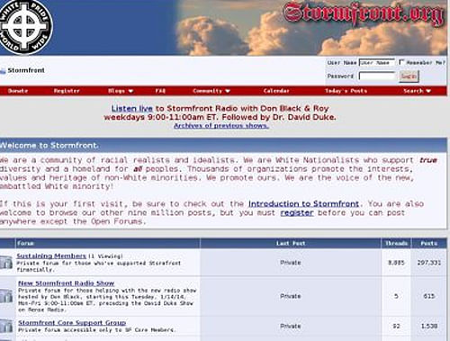 But, in common with other killers, he frequented Stormfront.org, which the Southern Poverty Law Center (SPLC) branded a 'racist forum' in a study that comes on the heels of Sunday's triple murder at two Jewish sites in Kansas. / Screen Shot of Stormfront.org