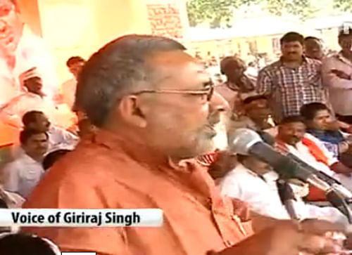 Undeterred by the 'displeasure' of BJP top brass over his remark, defiant senior party leader Giriraj Singh today said he stood by his comment that those opposing Narendra Modi had no place in India and should go to Pakistan. / Screen Grab