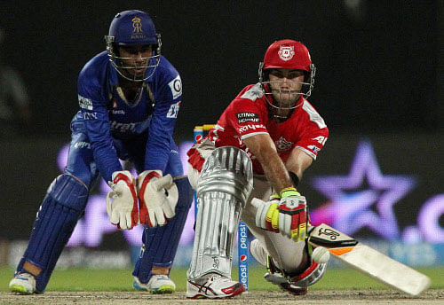 Glenn Maxwell of the Kings X1 Punjab plays a shot during an IPL 7 match against Rajasthan Royals in Sharjah on Sunday. PTI photo