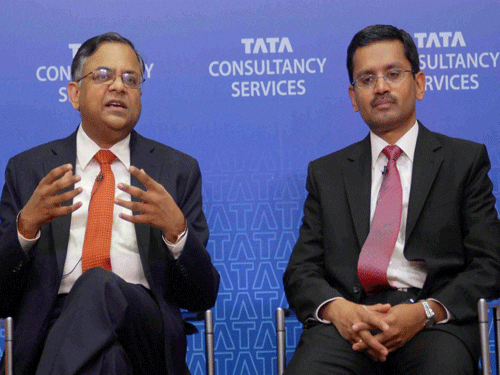 N Chandrasekaran, CEO & MD, Tata Consultancy Services with Rajesh Gopinathan, Chief Financial Officer during the announcement of signing a pact with Japan's Mitsubishi Corp, in Mumbai on Monday. PTI Photo