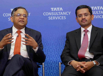 N Chandrasekaran, CEO & MD, Tata Consultancy Services with with Rajesh Gopinathan, Chief Financial Officer during the announcement of signing a pact with Japan's Mitsubishi Corp, in Mumbai on Monday. PTI Photo