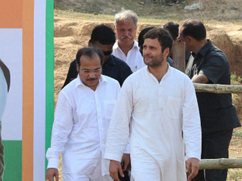 Congress Party Vice-President Rahul Gandhi along with West Bengal Congress president with State Railway Minister Adhir Ranjan Chowdhury during an election campaign rally at Samsi in Malda district of West Bengal. PTI photo