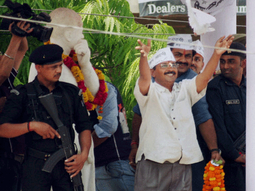 Arvind Kejariwal releases a pigeon at a roadshow before filing his nomination papers in Varansi on Wednesday. PTI Photo