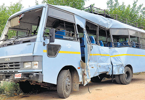 The CRPF bus which was hit by a speeding truck in  New Delhi's Dwarka area on Wednesday morning. PTI