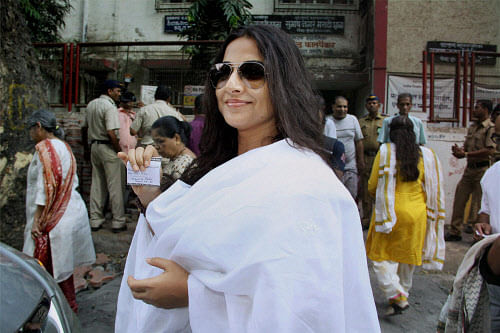 Bollywood actress Vidya Balan arrives to vote for Lok Sabha polls in Chembur, Mumbai on Thursday. PTI Photo