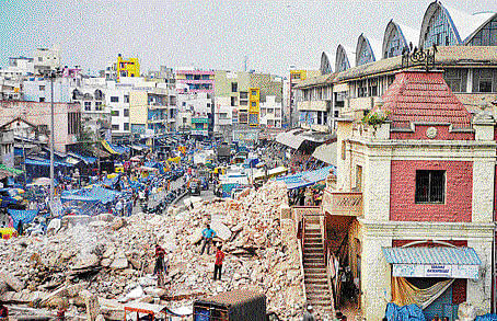 A portion of the KR&#8200;Market on Sethuram Road in the City, which was demolished to facilitate its renovation and widening of the road. DH Photo