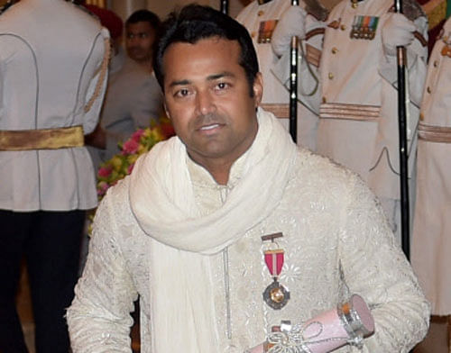 Tennis star Leander Paes after being honoured with Padma Bhushan during Padma Awards 2014 function at Rashtrapati Bhavan in New Delhi on Saturday. PTI Photo
