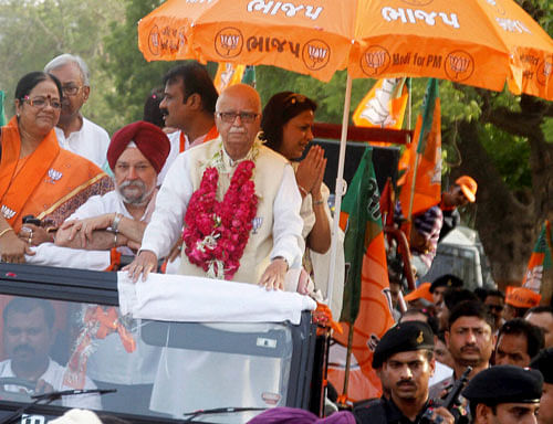 BJP leader L K Advani during his election campaign in Gandhinagar on Sunday. PTI Photo