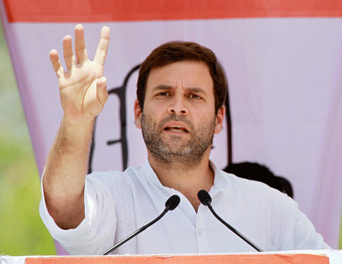 Congress Vice President Rahul Gandhi addressing an election rally in support of party candidate Manpreet Singh Badal in Bathinda on Monday. PTI Photo
