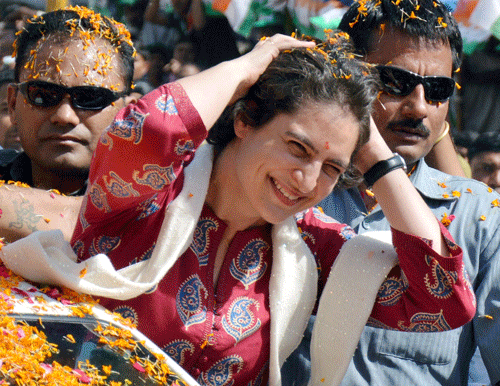 Priyanka Vadra during an election campaign for her mother and Congress President Sonia Gandhi in Raebareli on Monday. PTI Photo