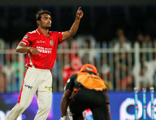 Sandeep Sharma of the Kings X1 Punjab celebrates the wicket of Venugopal Rao of the Sunrisers Hyderabad during an IPL 7 match in Sharjah on Tuesday. PTI Photo