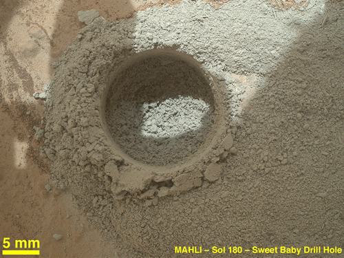 Handout photo of a close-up view of the results of the 'mini drill test' by NASA's Mars rover Curiosity during the 180th Martian day, or sol, of the rover's work on Mars. Reuters file photo