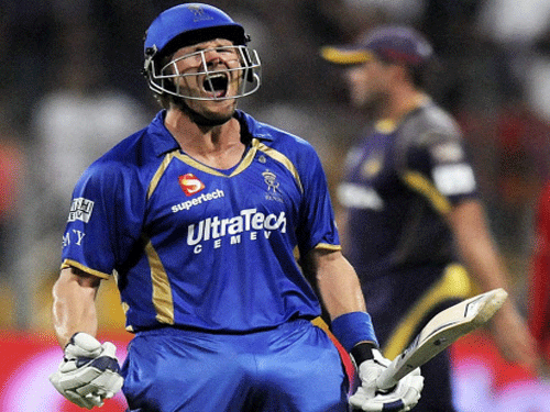 Shane Watson captain of the Rajatshan Royals celebrates after winning in the SUPER over in IPL 7 against Kolkata Knight Riders in Abu Dhabion Tuesday. PTI photo