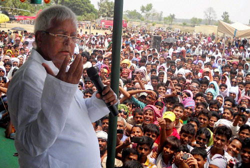RJD chief Lalu Prasad addressing an election campaign rally in Siwan. PTI Image