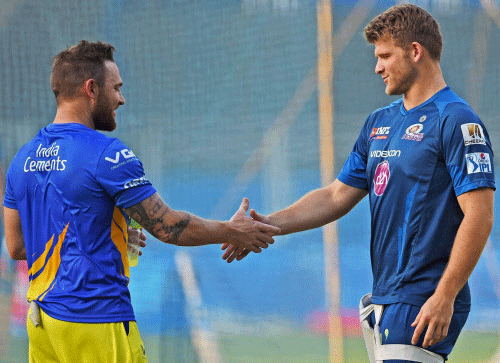 Chennai Super Kings players Brendon McCullum and Corey Anderson during a practice session in Mumbai on Friday. PTI Photo