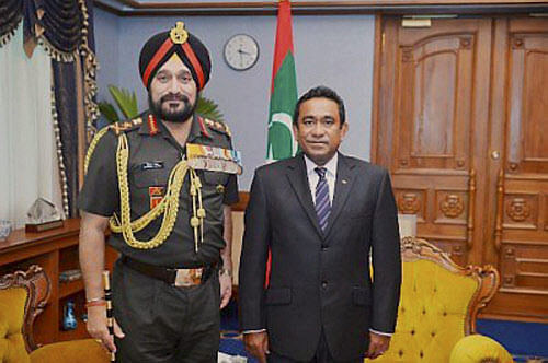 Army chief General Bikram Singh with the President of Maldives Abdulla Yameen Abdul Gayoom in Male. PTI Photo