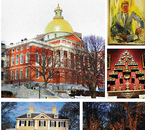 Stately beauty: (Clockwise from top left) The imposing structure of the Massachusetts State House ; painting of John F Kennedy in the JFK Museum; artefacts on display in the Museum of Fine Arts; Commonwealth Avenue, which was once described by Queen Elizabeth II as the world's most beautiful street; house of poet Henry Wadsworth Longfellow near Harvard University. Photos by author