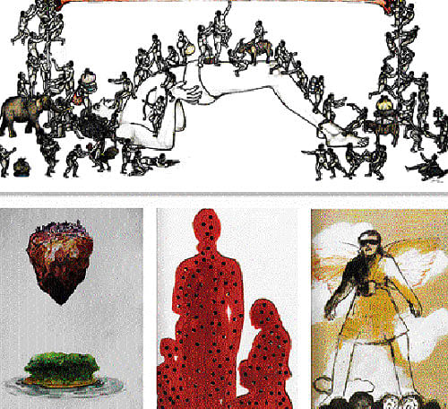 Identities: (Clockwise from top) Artworks by Mohan Kumar, Anoli Perera, Lakisha Fernando and V G Venugopal.