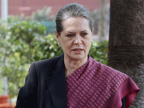 Congress chief Sonia Gandhi on Tuesday met President Pranab Mukherjee, a day after the exit-polls predicted a rout for her party and positing the possible formation of an NDA government led by the BJP's Narendra Modi.During the hour-long meeting, she is understood to have discussed the post-poll scenario with the President. PTI file photo
