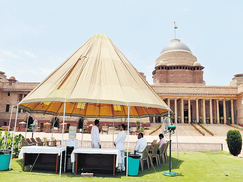 Arrangements in place at Rashtrapati Bhavan for media, which is expected to descend here after counting of votes on May 16. PTI photo