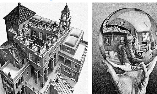 Enchanting:  M C Escher's 'Ascending and Descending' (left) and 'The Hand with a Reflecting Sphere'.