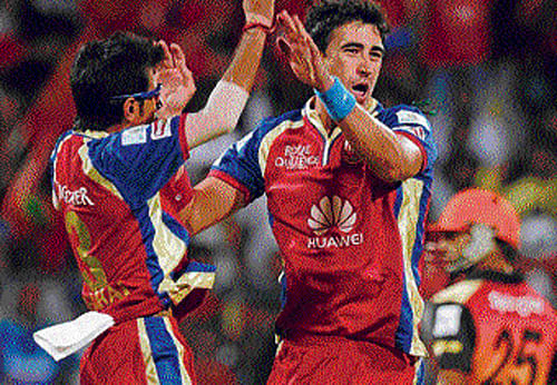 on target:  Mitchell Starc's (right) form  has been one of the few silver linings for RCB&#8200;in this season of IPL. DH photo
