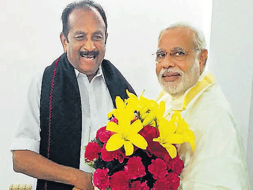 MDMK chief Vaiko called on Modi. Narendra Modi will meet President Pranab Mukherjee on Tuesday afternoon after his election as leader of the BJP parliamentary party and the NDA to stake claim to form the new government at the Centre. PTI photo