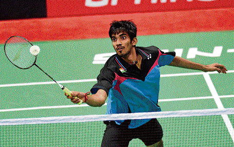 fine start:  India's K Srikanth en route to his win over Marc Zwiebler in the Thomas Cup Finals in New Delhi on Wednesday. pti