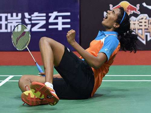 India's PV Sindhu lets out a loud roar after her nerve-jangling win over Japan's Sayaka Takahashi on Friday. PTI photo
