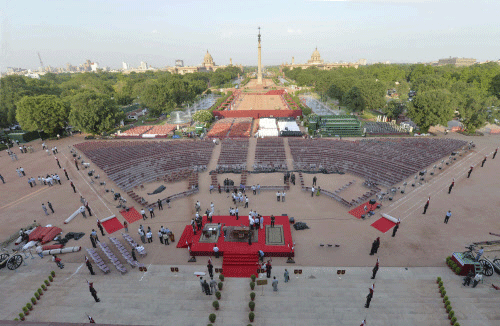 Preparations underway on the forecourt of the  Rashtrapati Bhavan for the scheduled swearing in ceremony on Monday of India's Prime Minister-designate Narendra Modi, in New Delhi. AP Photo