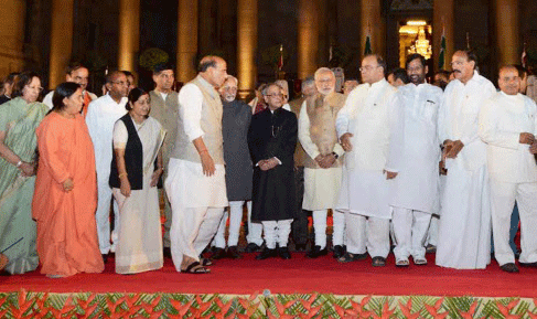 President Pranab Mukherjee, Vice President Hamid Ansari, Prime Minister Narendra Modi and Council of Ministers after the swearing-in ceremony at Rashtrapati Bhavan in New Delhi on Monday. PTI Photo