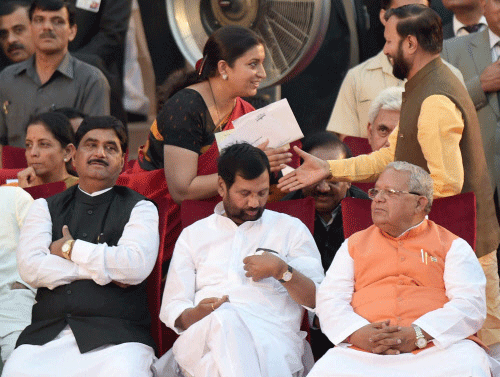 Newly sworn-in ministers Kalraj Mishra, Ramvilas Paswan, Gopinath Munde and others at the swearing-in ceremony of the NDA government at Rashtrapati Bhavan in New Delhi on Monday. PTI Photo