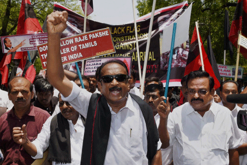 MDMK chief Vaiko along with supporters holding a protest against the visit of Sri Lankan President Mahinda Rajapaksa in New Delhi on Monday. PTI Photo