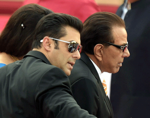Actor Salman Khan, and veteran actor Dharmendra at the swearing-in ceremony of the NDA government at Rashtrapati Bhavan in New Delhi on Monday. PTI Photo