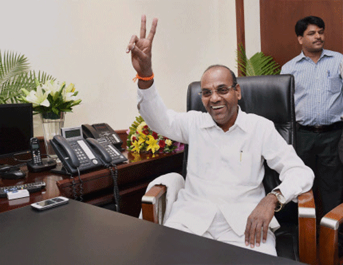 Heavy Industries Minister Anant Gangaram Geete takes charge at his office in New Delhi on Wednesday. PTI Photo