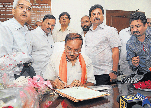 Ananth Kumar takes charge as the Union minister for Chemicals and Fertilizers in New Delhi on Wednesday. PTI  Photo