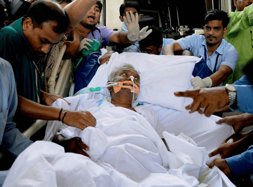 File photo of BJP leader and former union minister Tapan Sikdar being taken to AIIMS for his treatment, at the airport in Kolkata on Thursday. PTI Photo