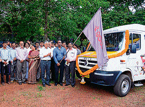 Mobile Konkani Bazaar, a vehicle with a system to sell Konkani books and CDs, arrived at Mangalore, on Tuesday.  DH photo