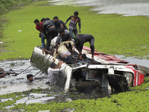 At least 17 people were killed Monday when a jampacked bus swerved off the road and plunged into the Madi river in Gothibang. AP file photo for representation only