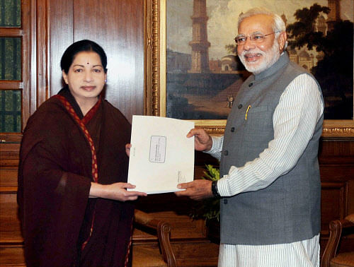 Prime Minister Narendra Modi with Tamil Nadu Chief Minister J Jayalalithaa at a meeting in New Delhi. PTI photo