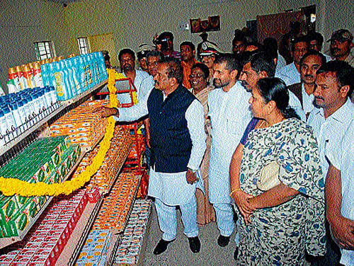 Home Minister K J George  looks at products kept for sale, at the police canteen in Chikmagalur on Tuesday.