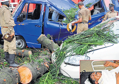 A police van that was damaged after a tree fell on it on the High Court premises in the City on Friday. (Inset) Constable Shanthappa was injured in the incident. Dh photo