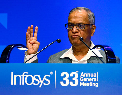 Infosys Chairman N. R. Narayana Murthy addresses shareholders at the company's 33rd Annual General Meeting in Bangalore, Saturday, June 14, 2014. Murthy, one of the founders of India's second-largest technology outsourcer stepped down as Chairman Saturday. AP