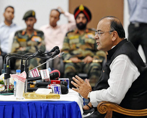 Defence Minister Arun Jaitley Sunday visited the forward areas along the Line of Control and the India-Pakistan boundary in Jammu and Kashmir and said Indian soldiers are doing a commendable job in safeguarding the country. PTI photo